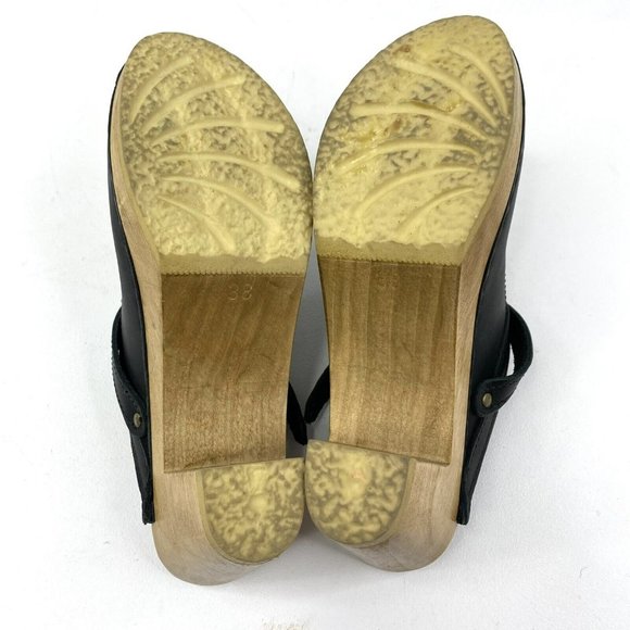 No. 6 Sven Clog Woven Slingback Peep Toe Wooden Heel Black Leather Shoes Size 38 - Picture 8 of 9